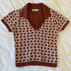 Hollister Knit Geometric Print Cropped Polo Sweater Brown Rust Size M